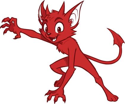 Playful red cartoon imp creature with horns and a tail crouches mischievously, reaching forward with claws vector