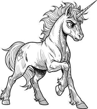 Majestic unicorn creature with a flowing mane and an anchor symbol on its flank, presented in line art style vector