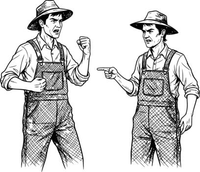 Two disgruntled farmers in hats and overalls engaged in a heated argument with aggressive gestures vector