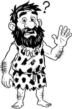 Confused caveman character with a question mark above his head, gesturing uncertainty vector