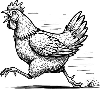 Dynamic illustration of a cartoon chicken running quickly with its beak open and speed lines vector