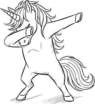 Playful unicorn character performs a popular dab dance move in a simple line art drawing style vector