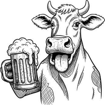 Anthropomorphic cow character holds a tall mug of frothy beer with its tongue extended outwards vector