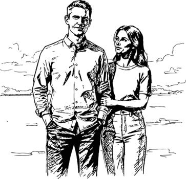 Happy couple standing side by side, womans arm linked with mans, rendered in sketch style vector