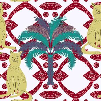 un modelo con palmera, arboles y gatos vector