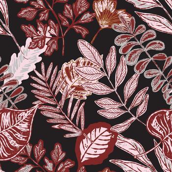 un modelo con rojo y blanco. hojas en un negro antecedentes vector