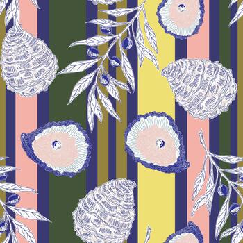 a colorful striped pattern with shells and leaves vector