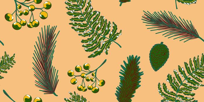 a pattern of pine trees and berries on a beige background vector