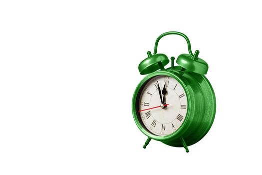 retro clock, watch, pointer clock, Green color alarm clock on isolated white background photo