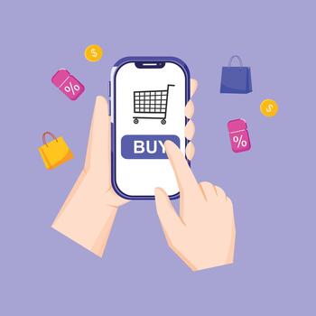 Hands holding a smartphone showing a shopping cart and buy button, representing online shopping, e-commerce, and digital transactions. vector