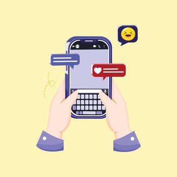 Hands holding a smartphone with chat bubbles and reaction icons, ideal for social media, communication, and online interaction themes. vector