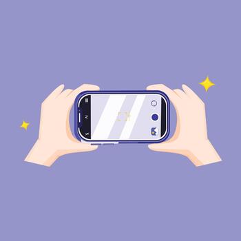 Hands holding a smartphone capturing a photo, symbolizing mobile photography, digital content creation, and social media activity. vector