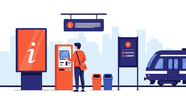 Man using an automated ticket machine at a modern train station platform with a city background. illustration concept vector