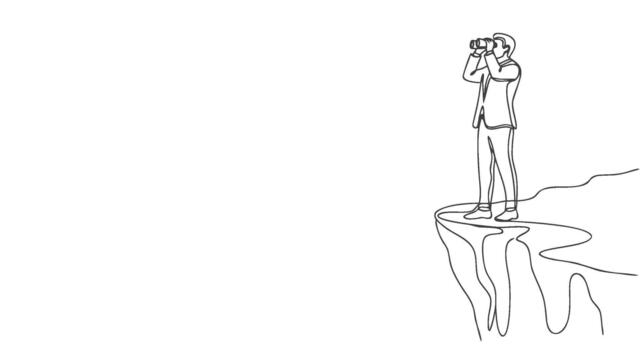 Continuous line drawing of businessman using binoculars on cliff edge exploring opportunities vector