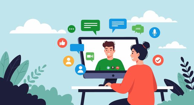 Modern digital communication and remote collaboration with people using calls on computer vector