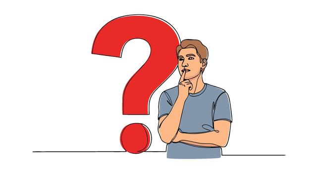 Continuous line drawing of a pensive man next to a question mark, single line concept vector