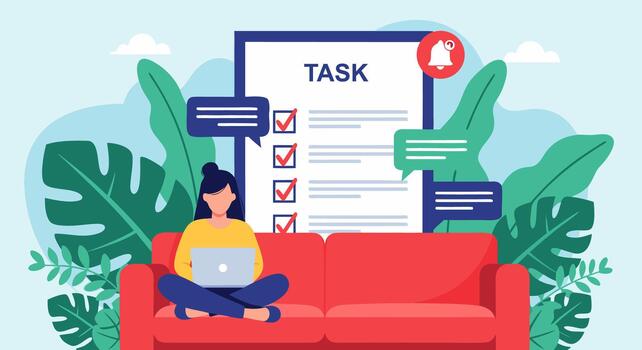 illustration of a woman on a sofa completing a digital to-do list, a concept for productivity and effective time management vector