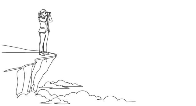 Single continuous line art of a businesswoman on a cliff edge with binoculars, a powerful metaphor for corporate future vision vector