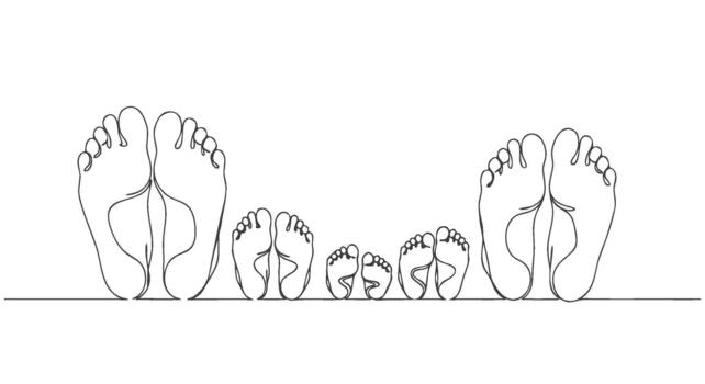 A heartwarming and artistic continuous line drawing illustrating a diverse family's feet, symbolizing growth, unity, and enduring connection vector