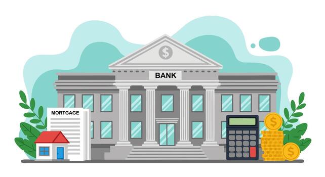 Financial Institution Building with Mortgage Document, Calculator, and Stack of Coins Representing Savings and Wealth vector