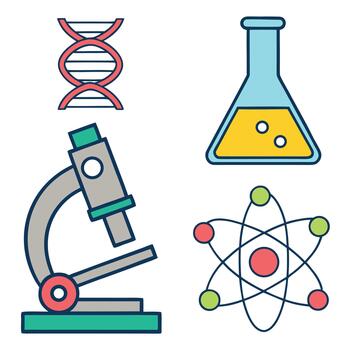 Collection of scientific icons including dna, microscope, flask and atom model vector