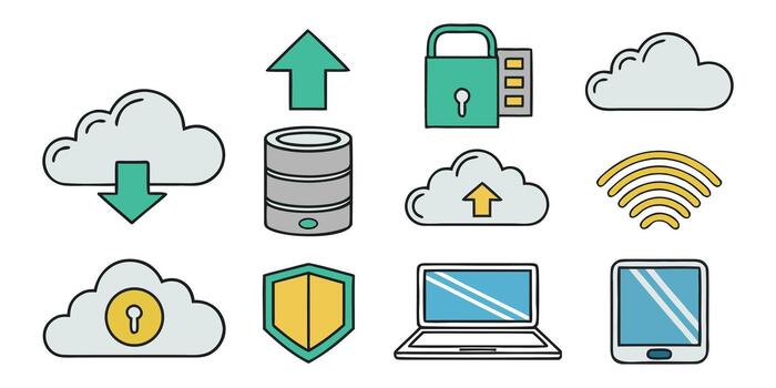 Collection of cloud computing icons representing data storage security and connectivity vector