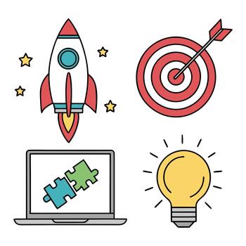 Rocket launch target laptop with puzzles and bright idea lightbulb icons for startup success vector