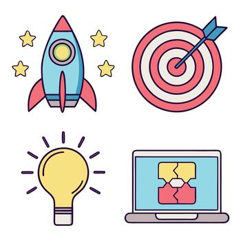 Collection of startup icons including rocket, ship target, light bulb and laptop computer vector