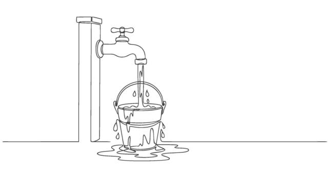 A single continuous line drawing of water flowing from a faucet into an overflowing bucket, illustrating water waste in a minimalist art style vector
