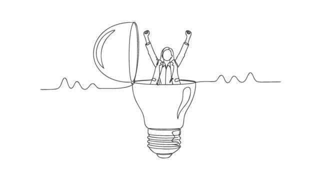 Elegant continuous line art illustrating a triumphant individual bursting from an open lightbulb, symbolizing a successful innovative idea and creative solution vector