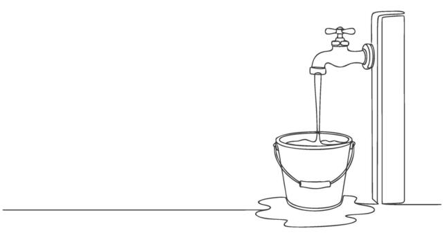 Minimalist continuous line drawing portraying a water tap filling a bucket, illustrating essential resource usage and conservation vector