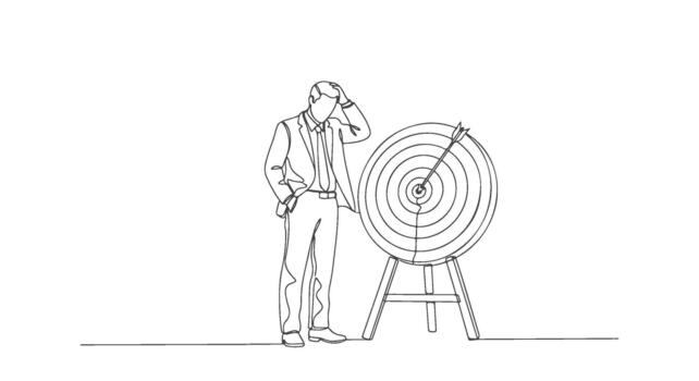 A single continuous line drawing of a businessman looking confused after missing a business target and goal vector