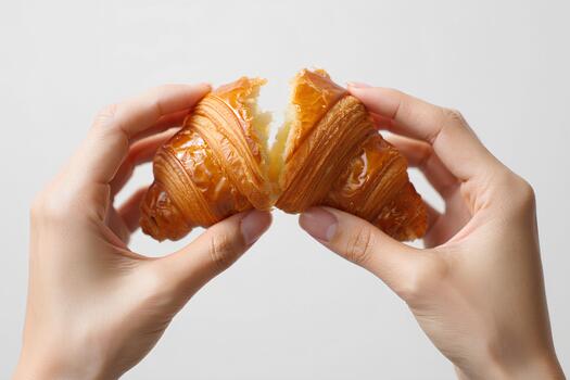 Close-up of two hands pulling apart delicious, flaky croissant, creating dynamic and textured scene perfect for foodie concepts photo