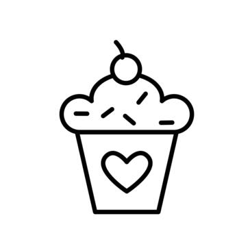A simple line drawing of a cupcake with a cherry and heart design. vector