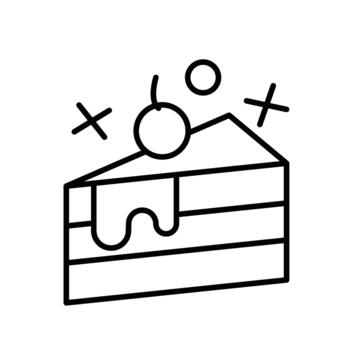 A simple line drawing of a slice of cake with a cherry on top and decorative elements. vector