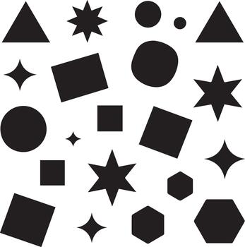 A scattered arrangement of various black geometric shapes including triangles, circles, squares, stars, and hexagons on a plain white background. vector