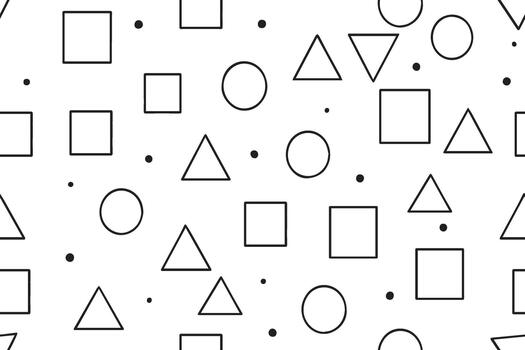 A repeating pattern of simple geometric shapes including squares triangles and ovals with small dots scattered across a white background vector