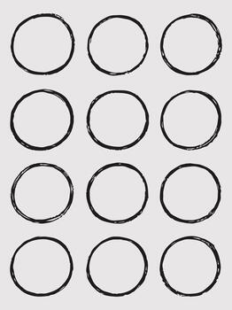 un cuadrícula de doce vacío oval formas con un texturizado negro contorno en un blanco antecedentes arreglado en cuatro filas y Tres columnas vector