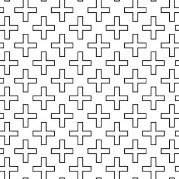 Geometric pattern of repeating stylized plus signs or crosses with a subtle textured effect in black and white monochrome vector