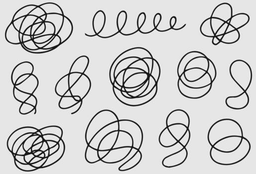Collection of abstract hand drawn black ink scribbles and doodles representing chaos and creativity in various forms vector