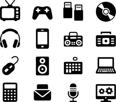 Electronics and Devices Icon Set in Black Silhouette Style for Digital Use vector