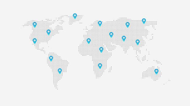 Minimal world map with blue location pins representing global connections and international network coverage vector
