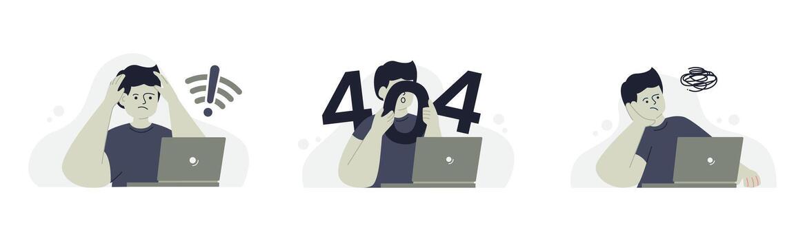 Set Illustration of internet problems. System error, page not found concept. Website, browser failure, frustration, template problems. Flat illustration vector