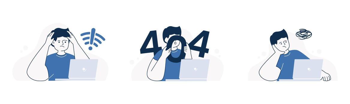 conjunto ilustración de Internet problemas. sistema error concepto. sitio web, navegador fracaso. ux ilustración, página no encontró. plano diseño vector