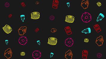 un divertido, sin costura bucle modelo antecedentes animación. caracteristicas vistoso neón garabatos de basura comida íconos me gusta donas, reajuste salarial, y Pizza flotante en un negro antecedentes. video