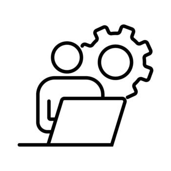 Developer at work line icon. Symbol of a programmer, engineer, or system administrator working on a laptop with a settings gear. vector