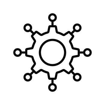 System integration line icon with a central gear and network connections. A symbol for automation, workflow, and process management. vector