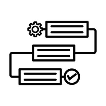 Business Workflow Diagram with Gear for Process Start and Checkmark for Completion. vector