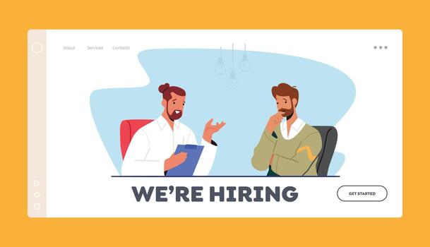 Job Hiring Landing Page Template. Business Meeting, Interviewing Process. Business Characters Sitting at Table in Office vector