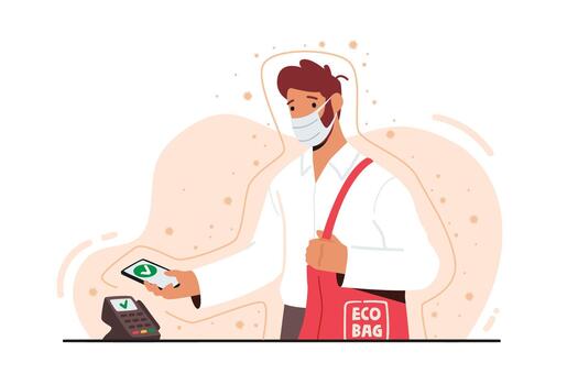 NFC Technology Concept. Man in Facial Mask Use Smartphone for Wireless Paying on Cashier Desk. Buyer Use Pos Terminal vector
